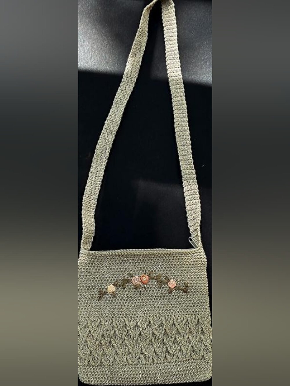 Crochet Crossbody Bag in Light Beige with Floral Accent